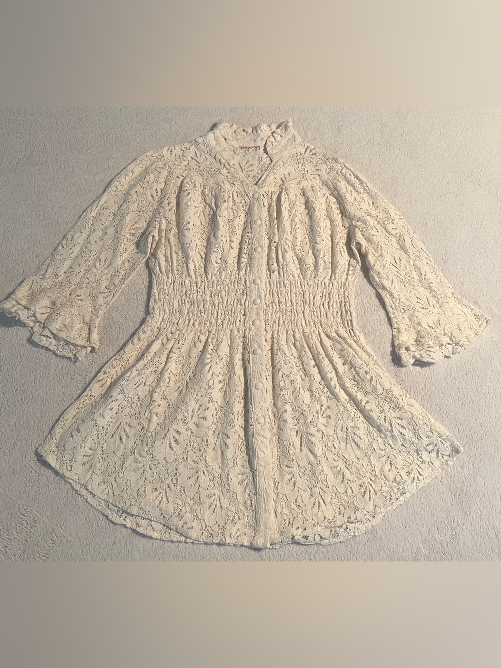 Lace Crocheted Ivory 3/4 Sleeve Tunic Button Down Top Boho Cottagecore Small